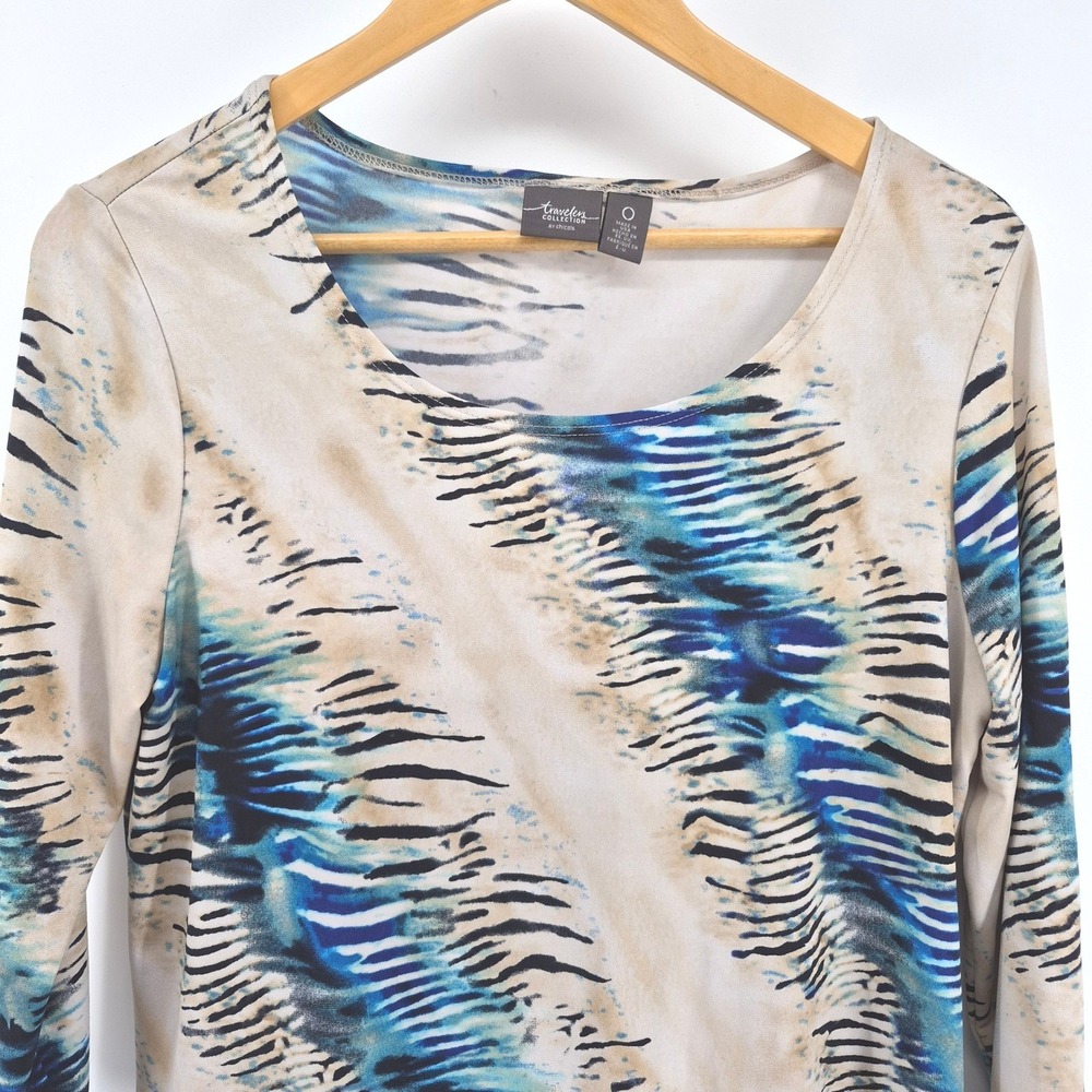 Chico's Travelers 0 Small Blue Abstract Animal Print Tunic Asymmetrical Hem Top - Picture 3 of 13